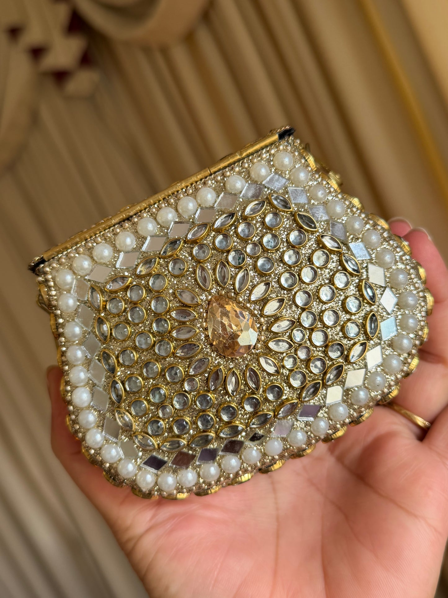 Mini kundan brass clutch with sling