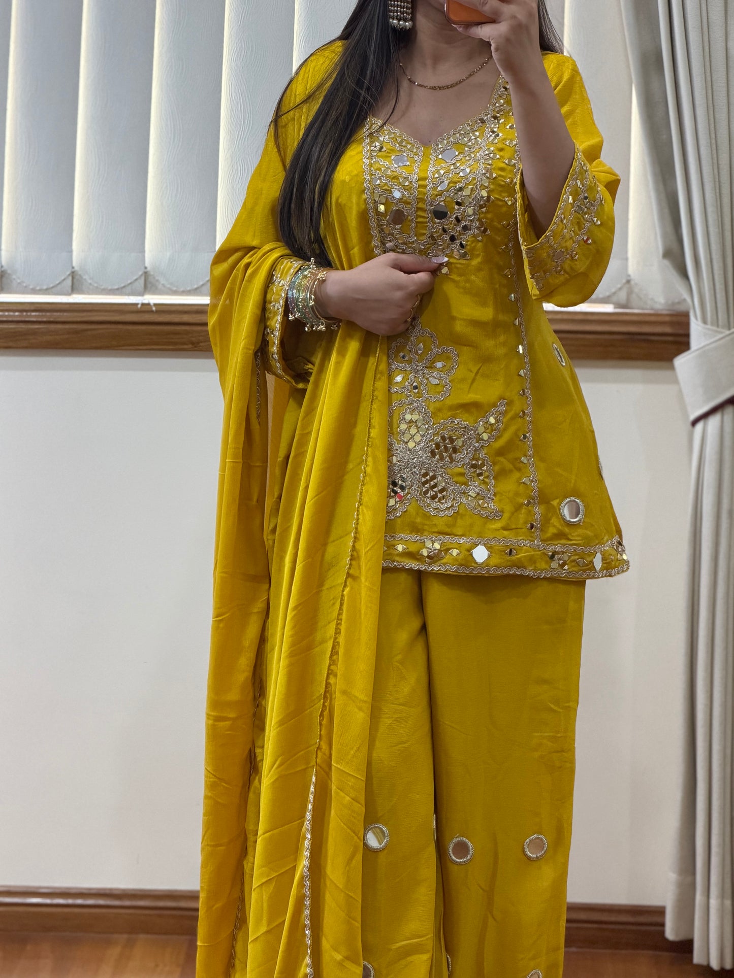 Premium Simar Silk Hand Mirror Work Gharara Set (Ready Size: 39 with margin upto 42)