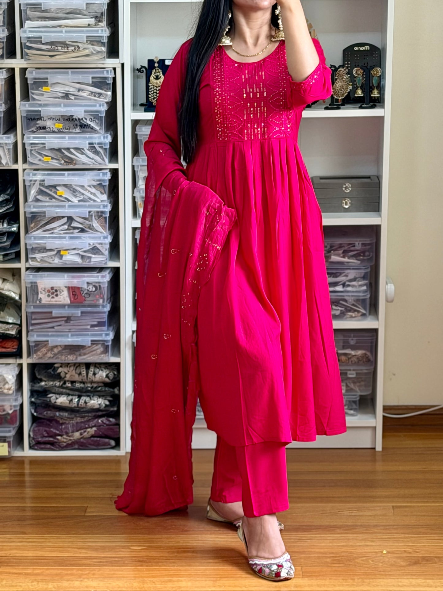 Hot Pink Cotton Frock Suit with Sequin Work