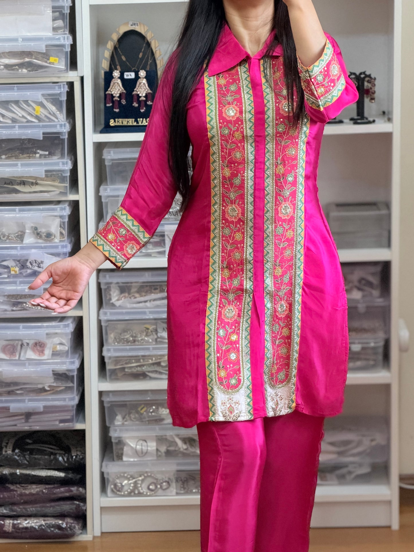 💖 Hot Pink Designer Co-ord Set – Statement Collar Neck Style 💖