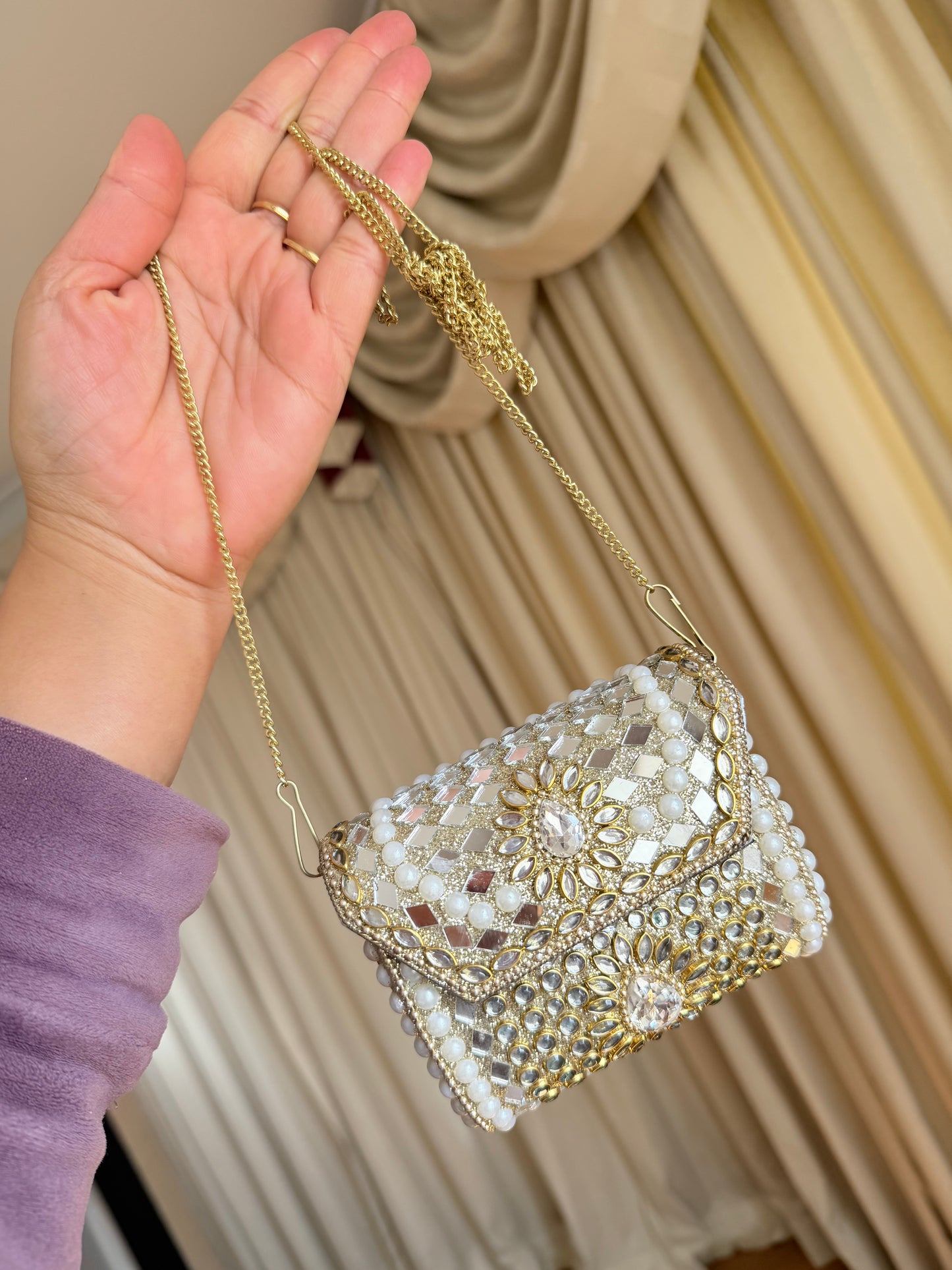 Mini kundan brass clutch with sling