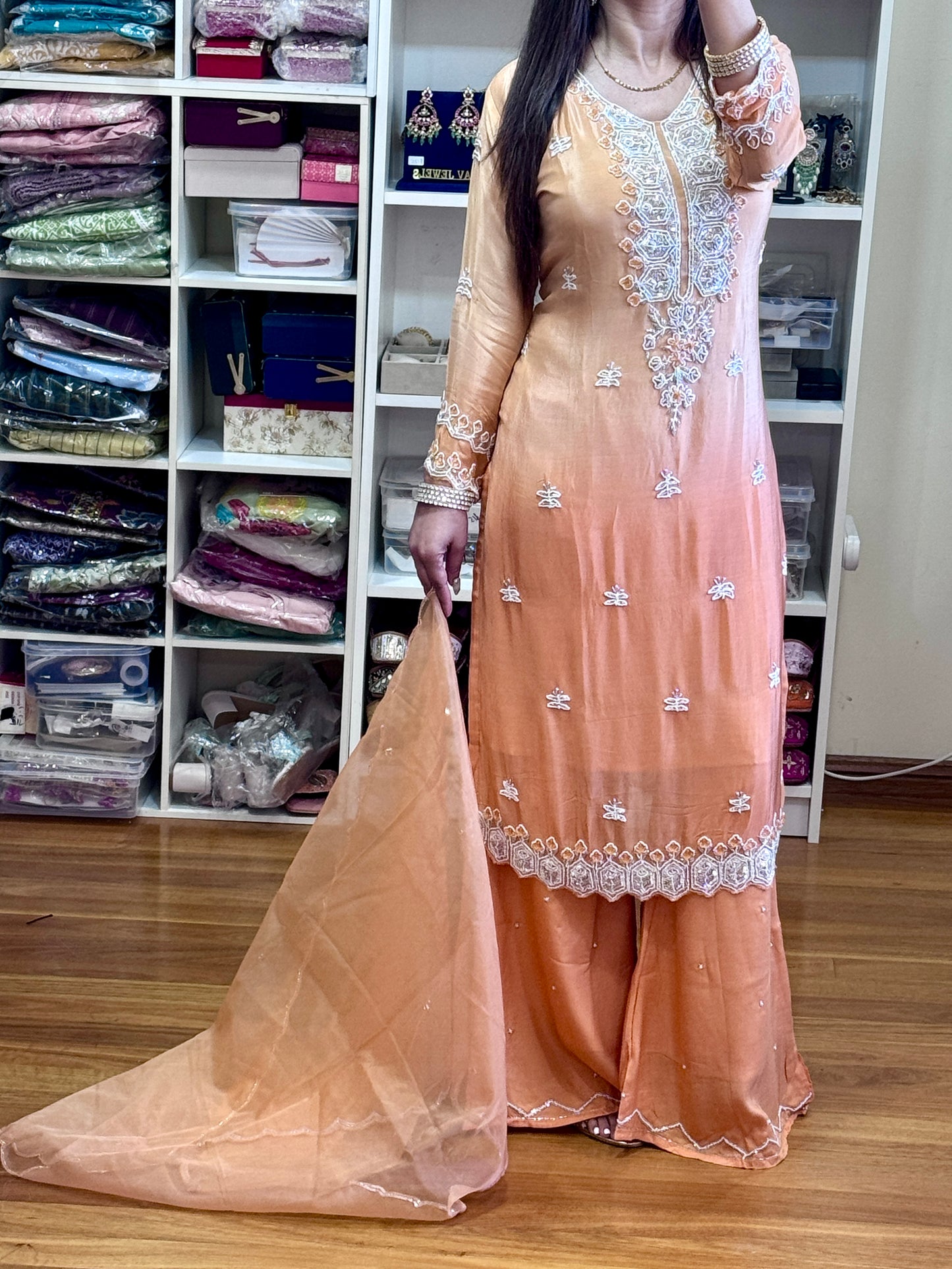 Chinon silk with heavy handwork sherara suit