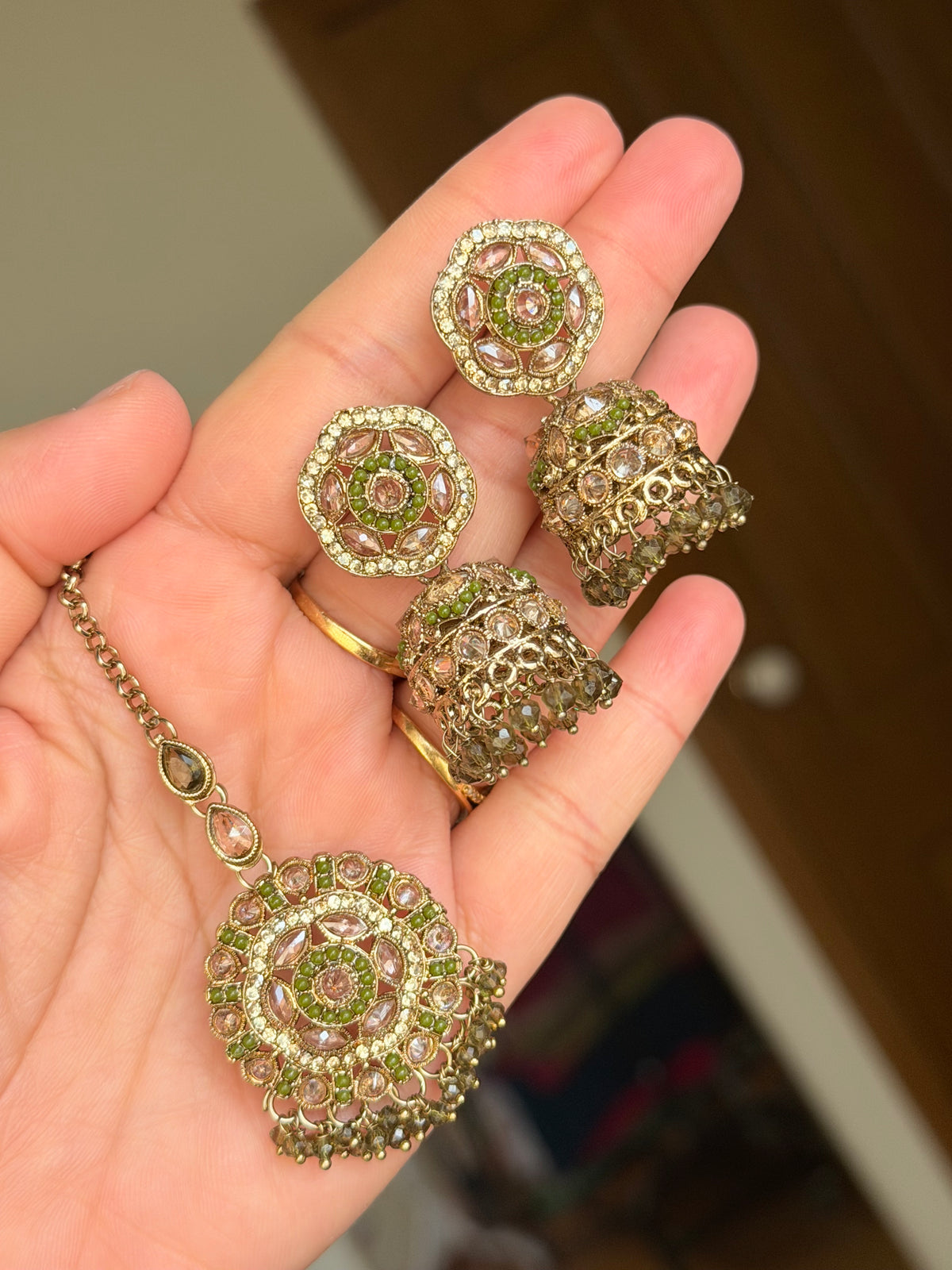 Polki jhumki tikka set (olive green)