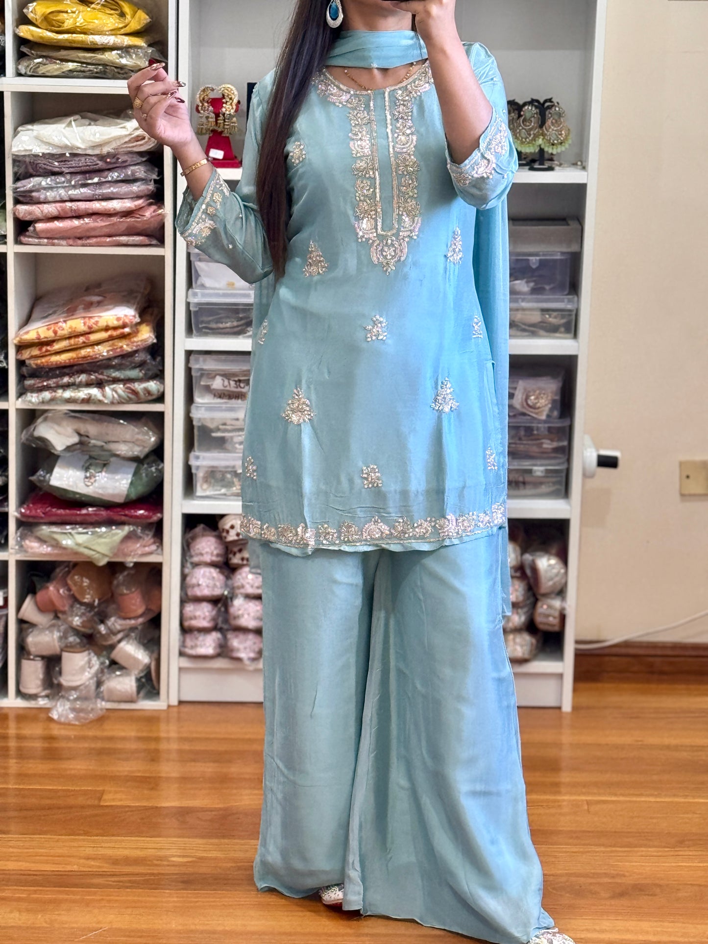 Pure Chinon silk with heavy handwork short kurti dress