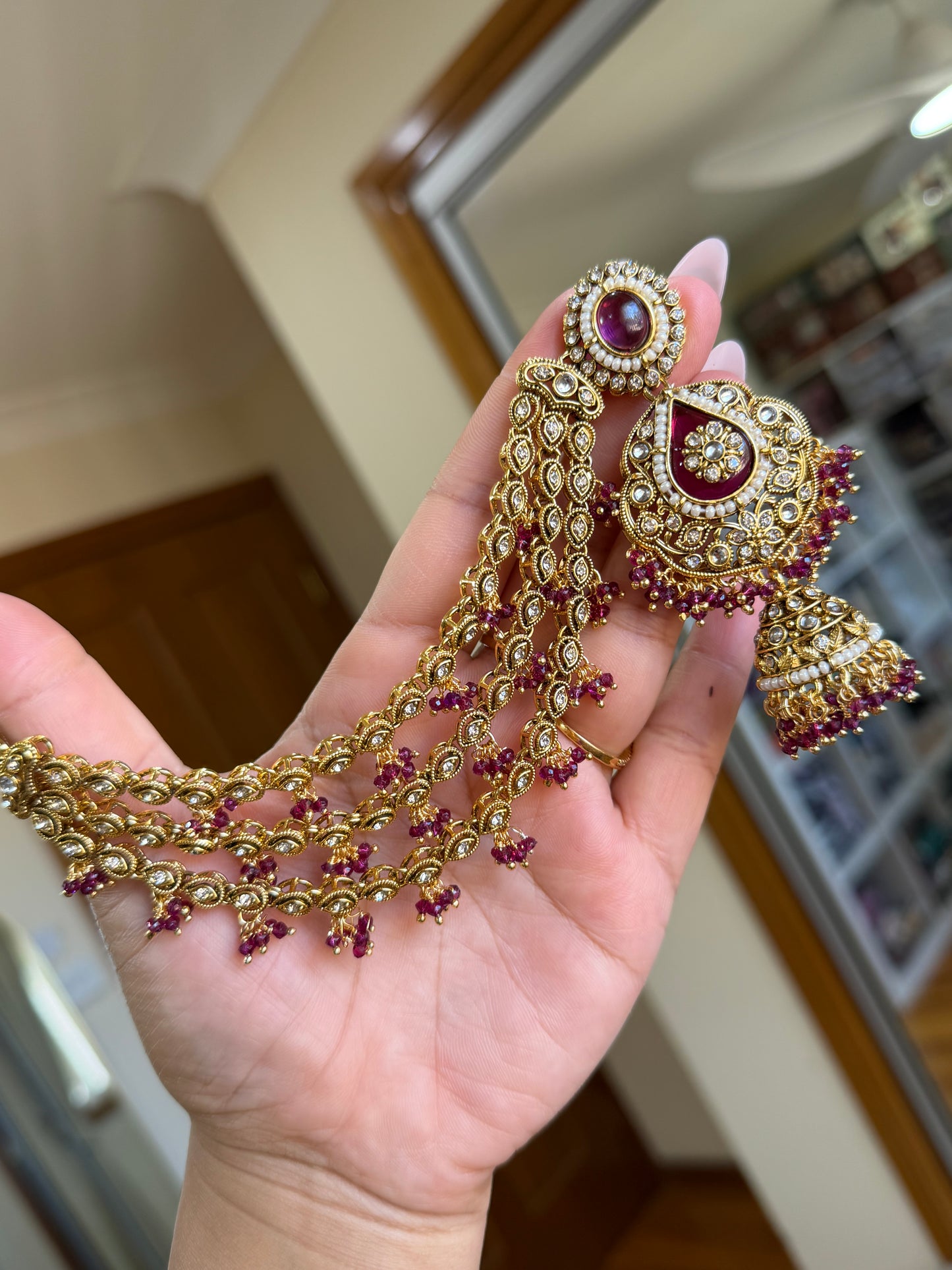 Kundan earrings with attached sehare(purple)