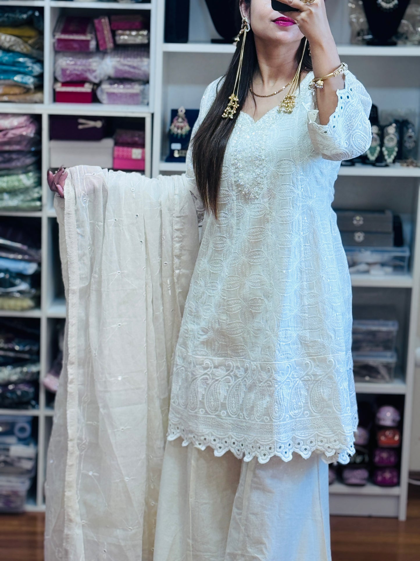 Fully embroidered peplum style off white dress