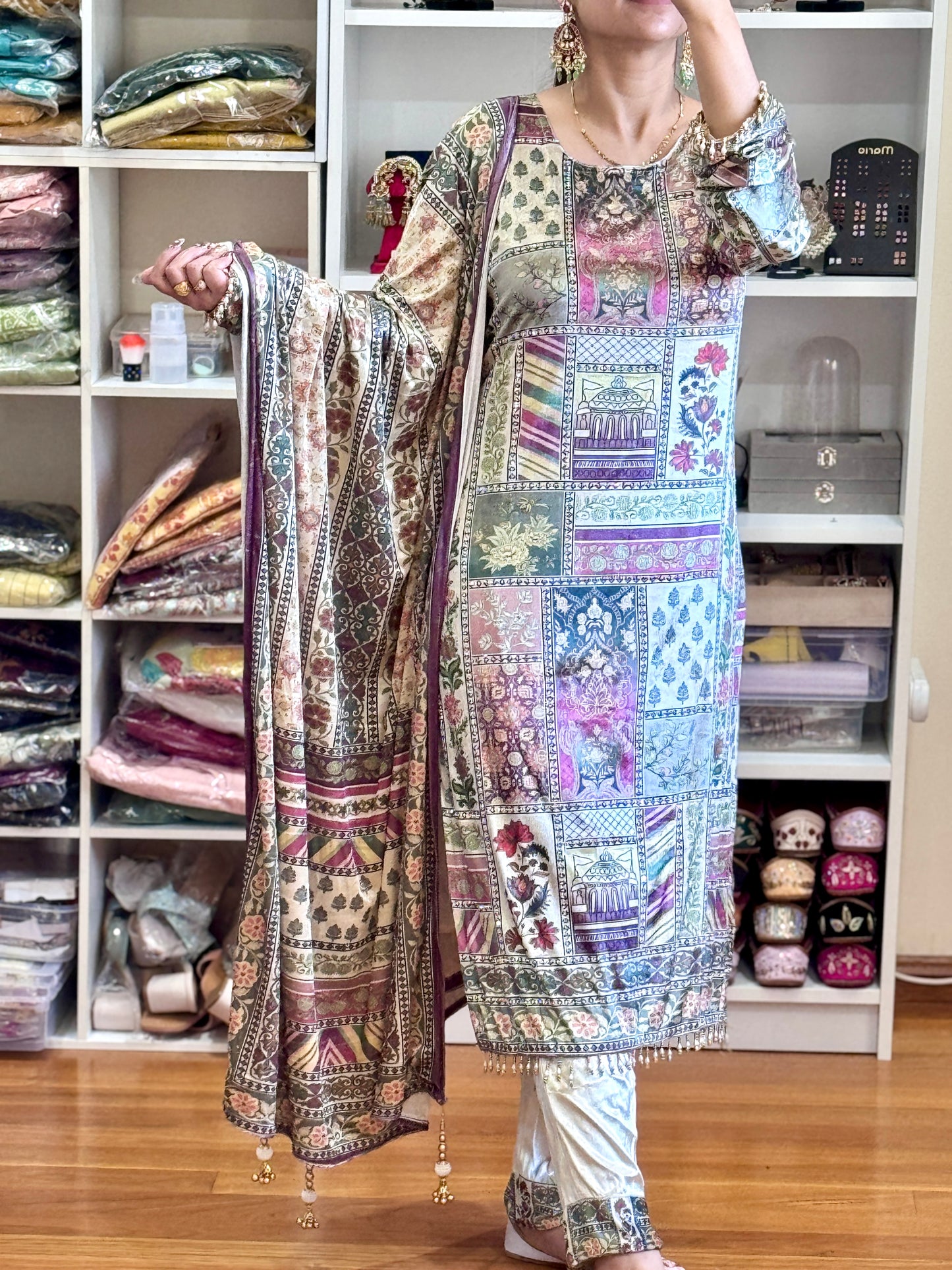 Velvet suit with heavy work