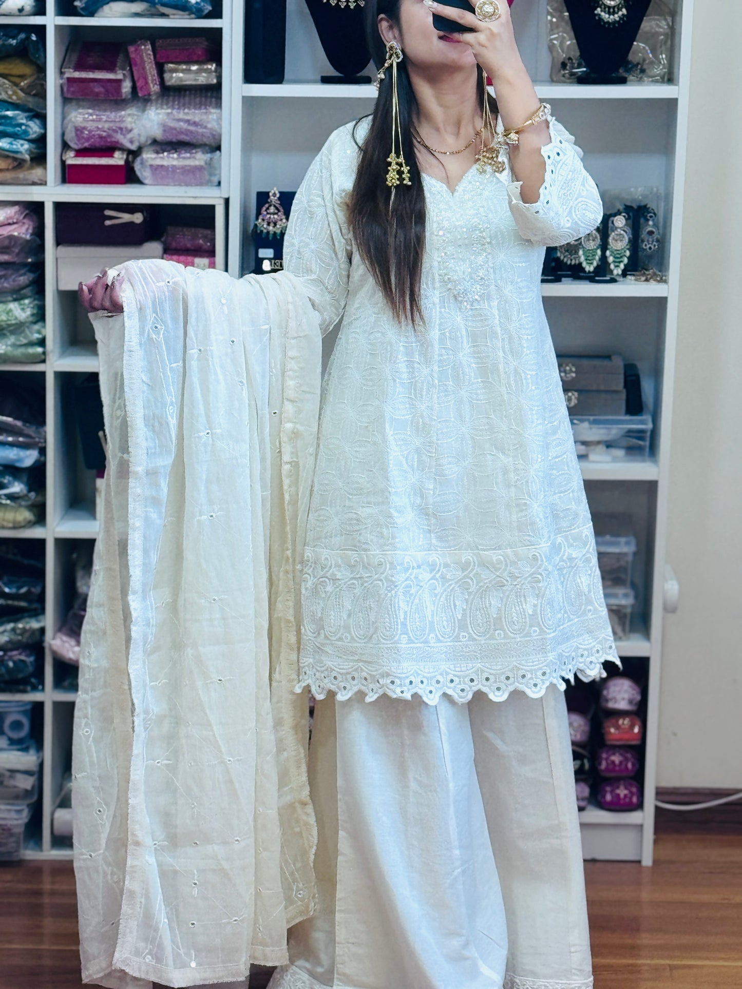 Fully embroidered peplum style off white dress