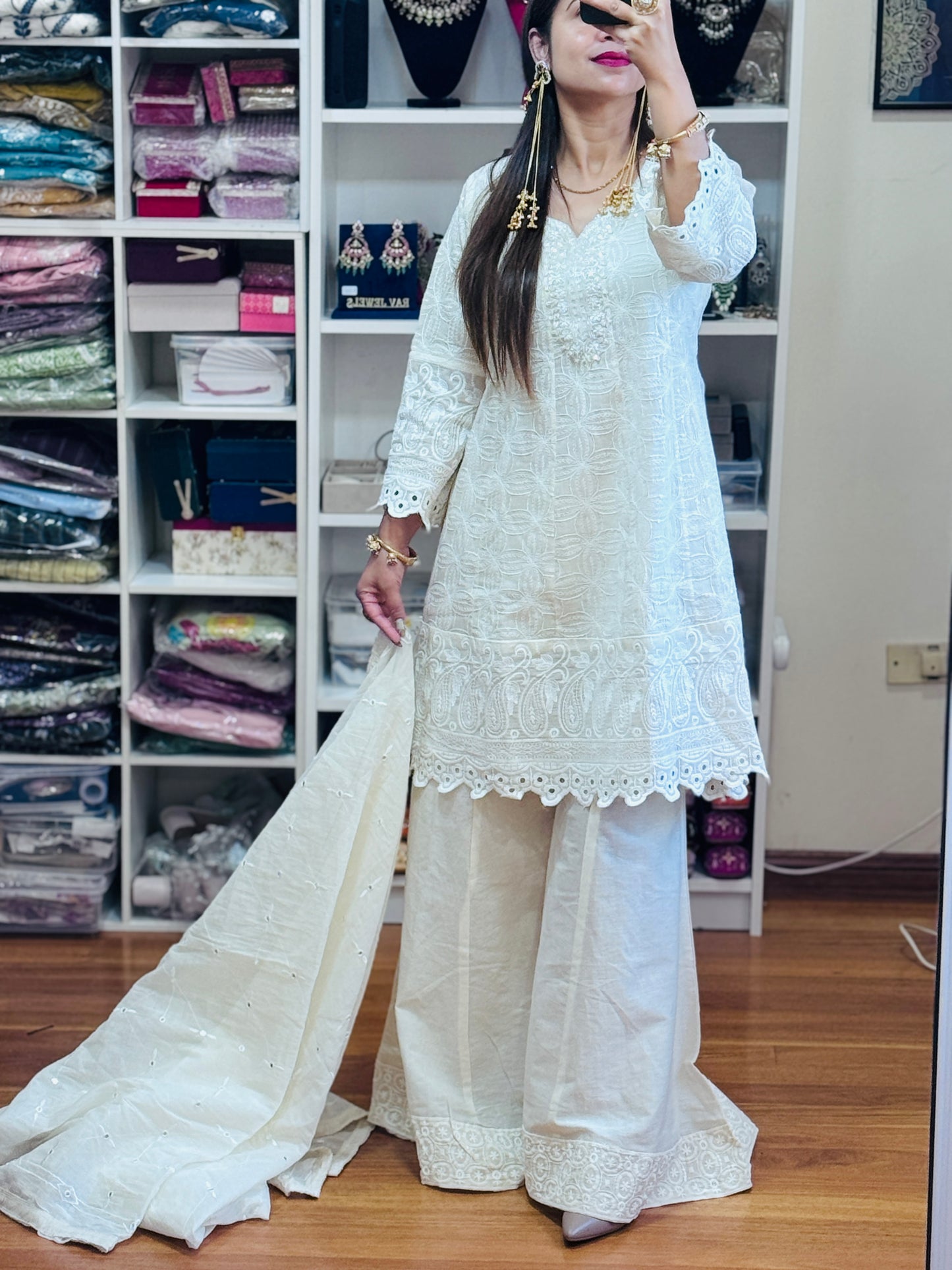 Fully embroidered peplum style off white dress