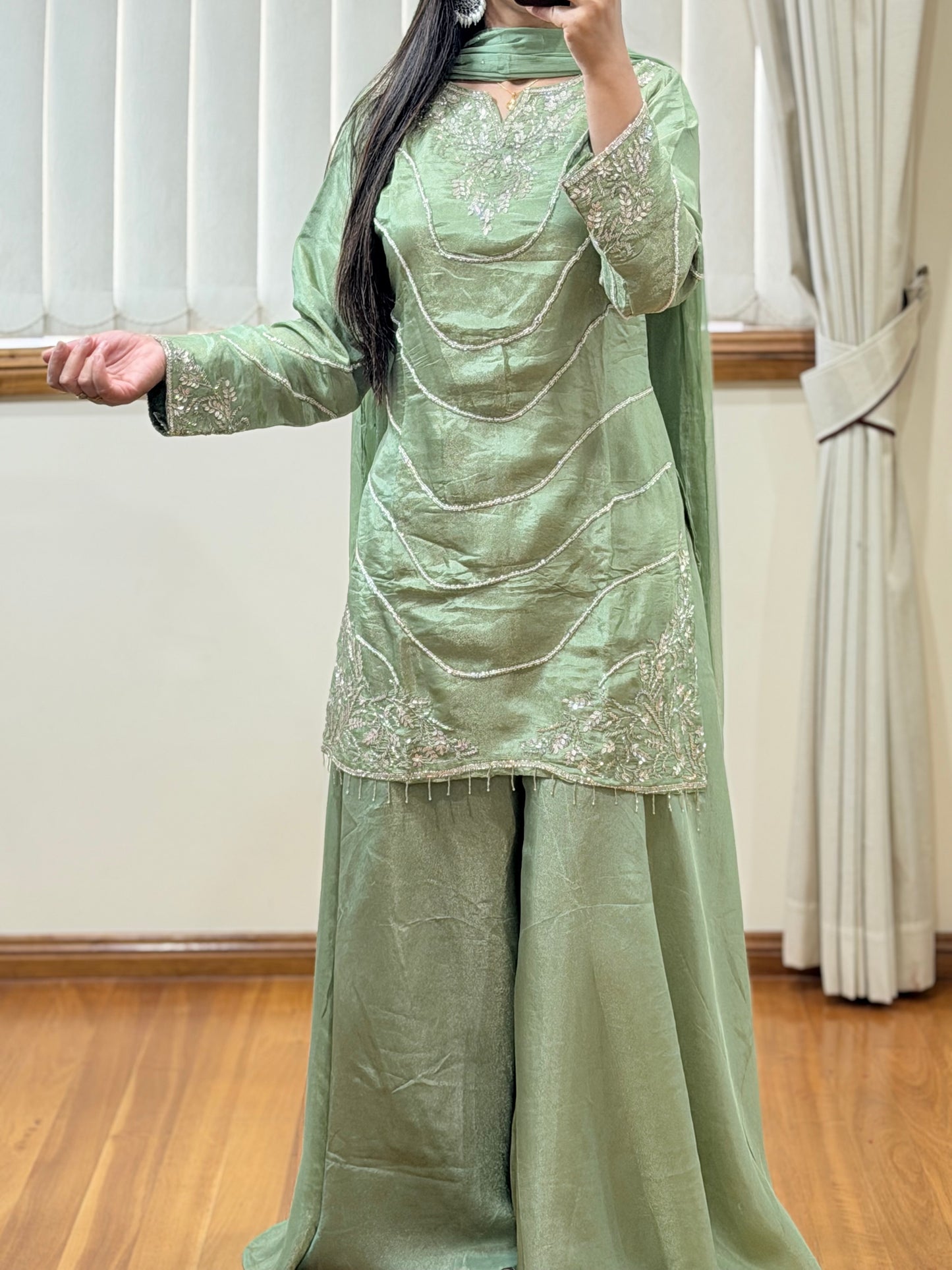 Pure Viscose Shimmer Suit with Heavy Handwork