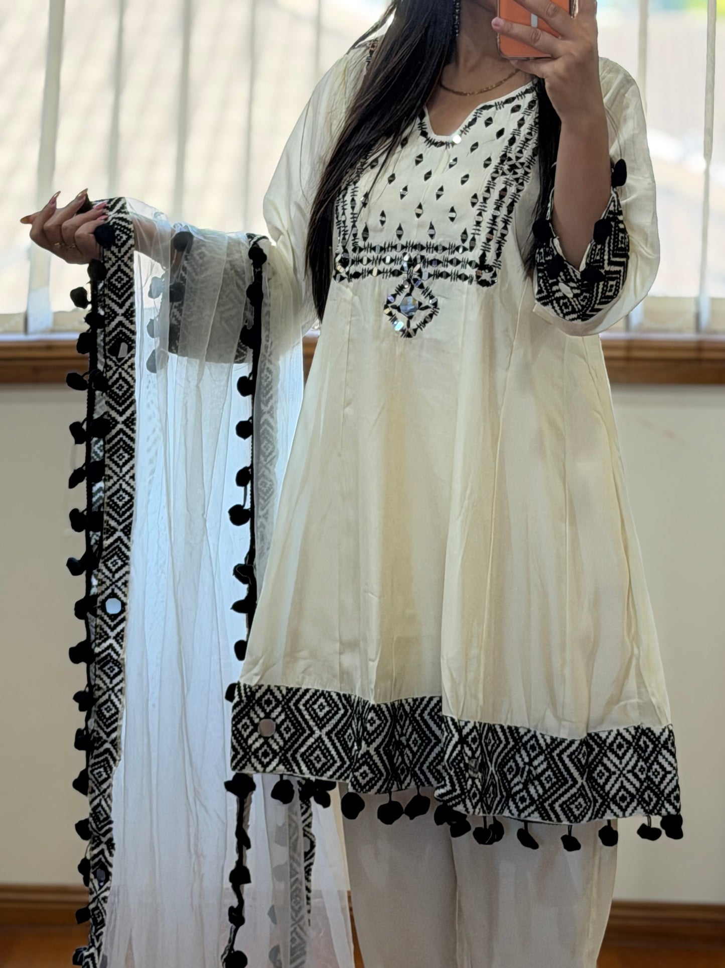 Premium Silk Mirror Work Frock Style Suit