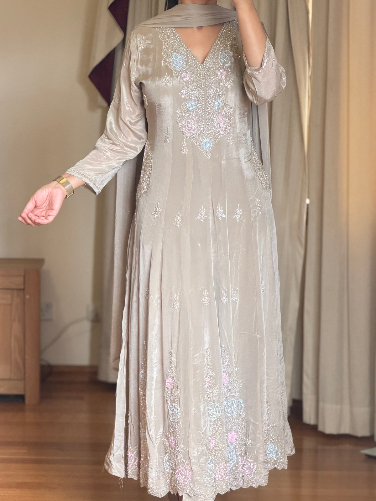 Premium Sage Grey Embroidered Frock Suit with Chiffon Dupatta