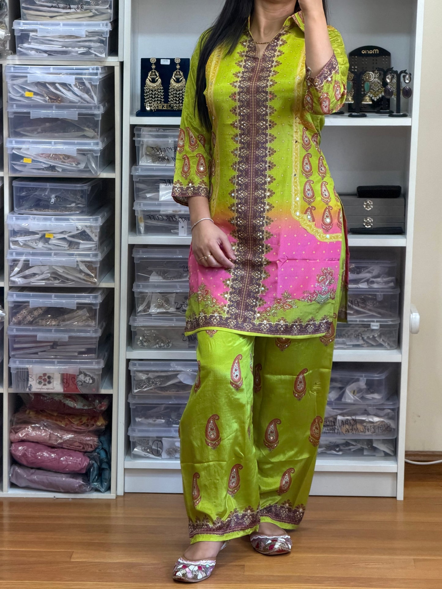 Premium Chinon Mirror Work Cord Set with Digital Print Bottom