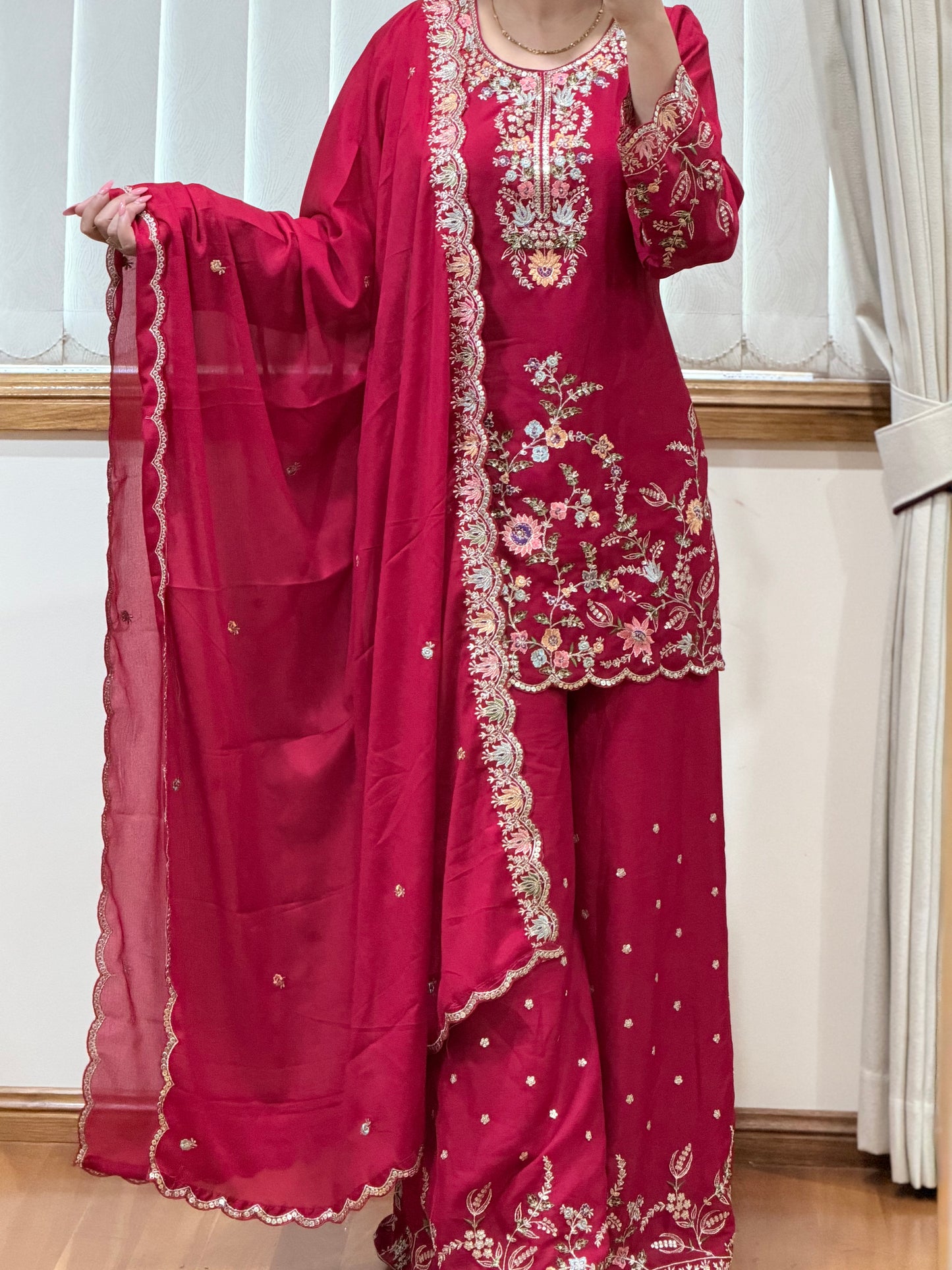 Premium Blooming Chinon Embroidered Plazo Suit Set