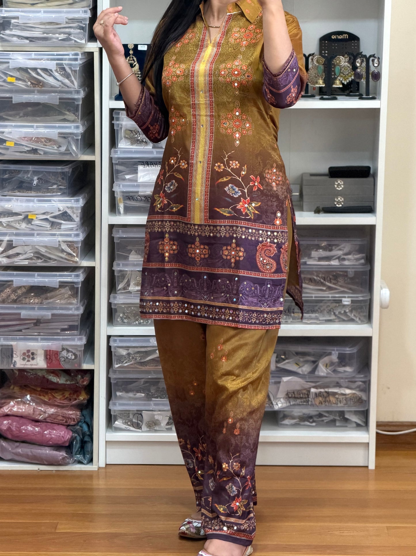 Premium Chinon Mirror Work Cord Set with Digital Print Bottom