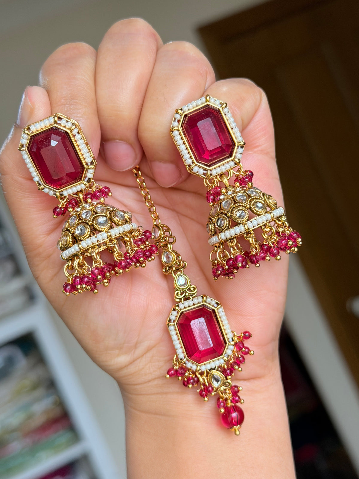 Kundan jhumki tikka set (Hot pink)