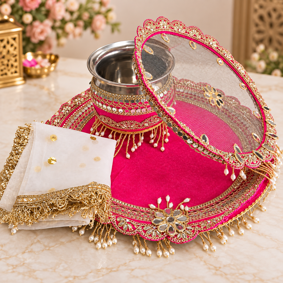 Karwa chauth thali set( Baby pink)