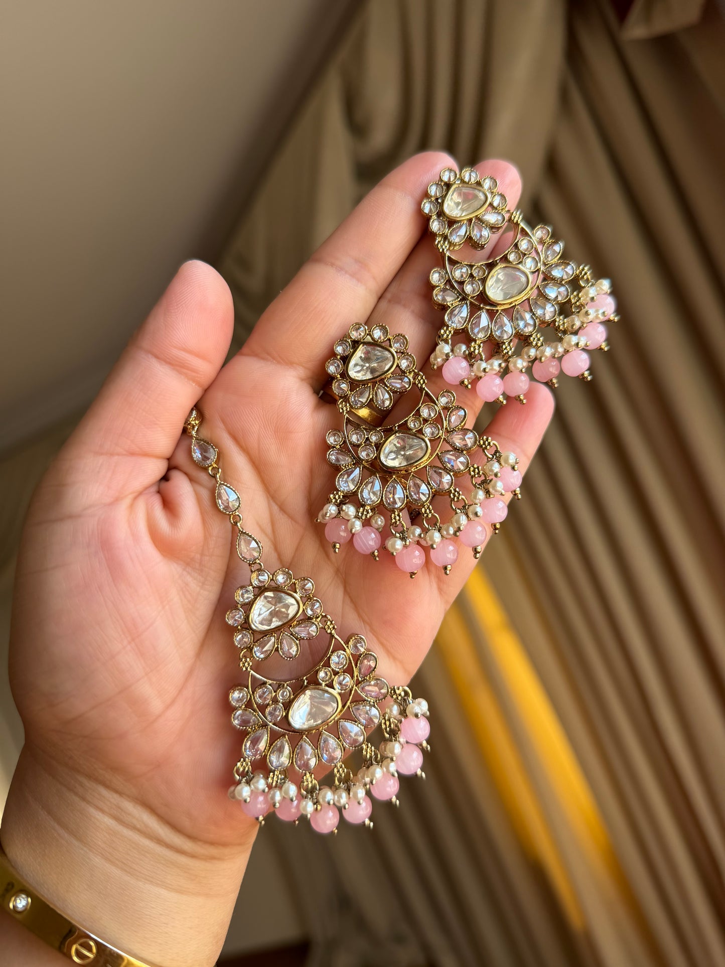 Premium tyani with polki necklace set( Baby pink)