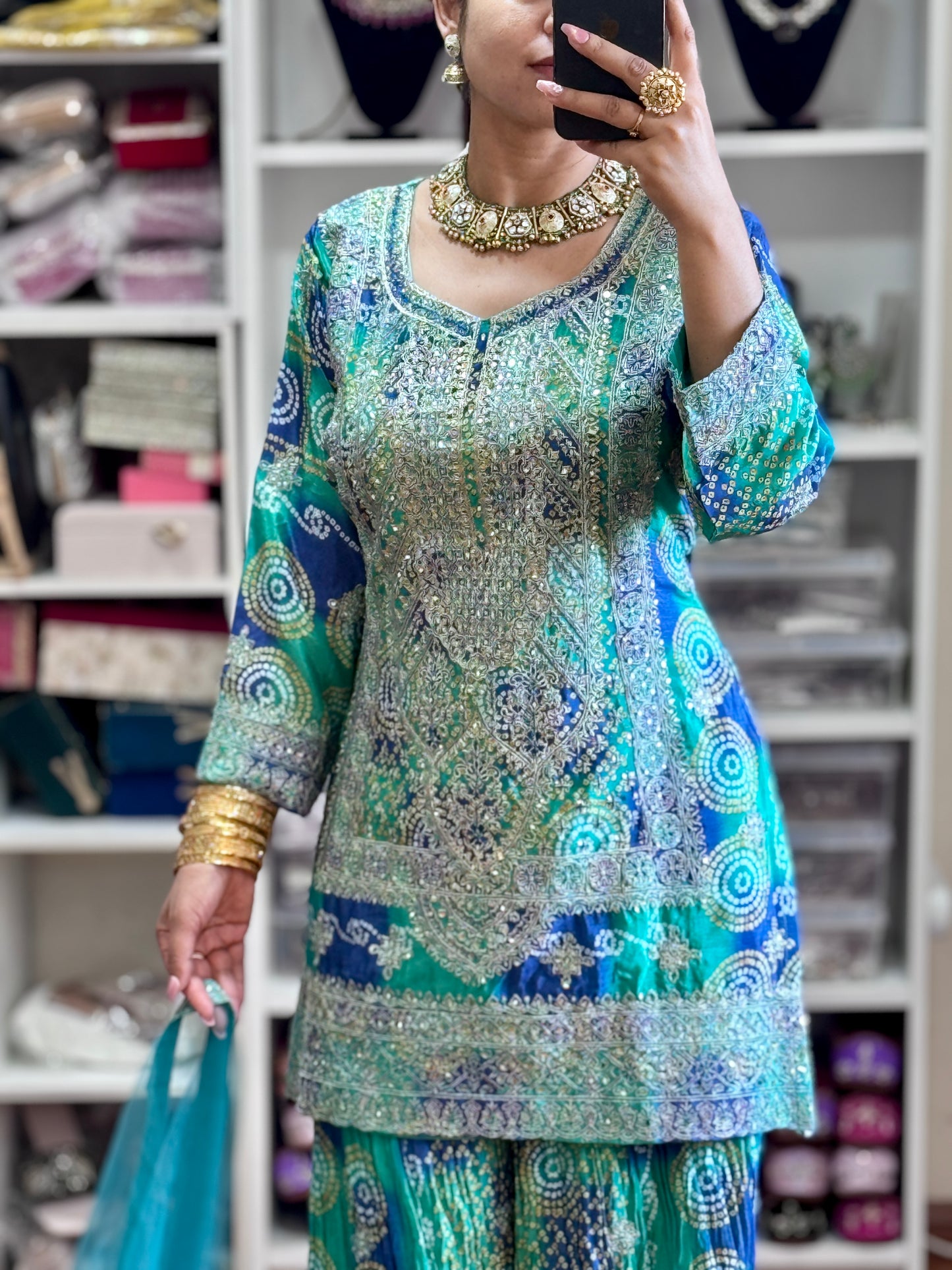 Designer Sherara suit ( Ready size 43 with margin/FREE SIZE)