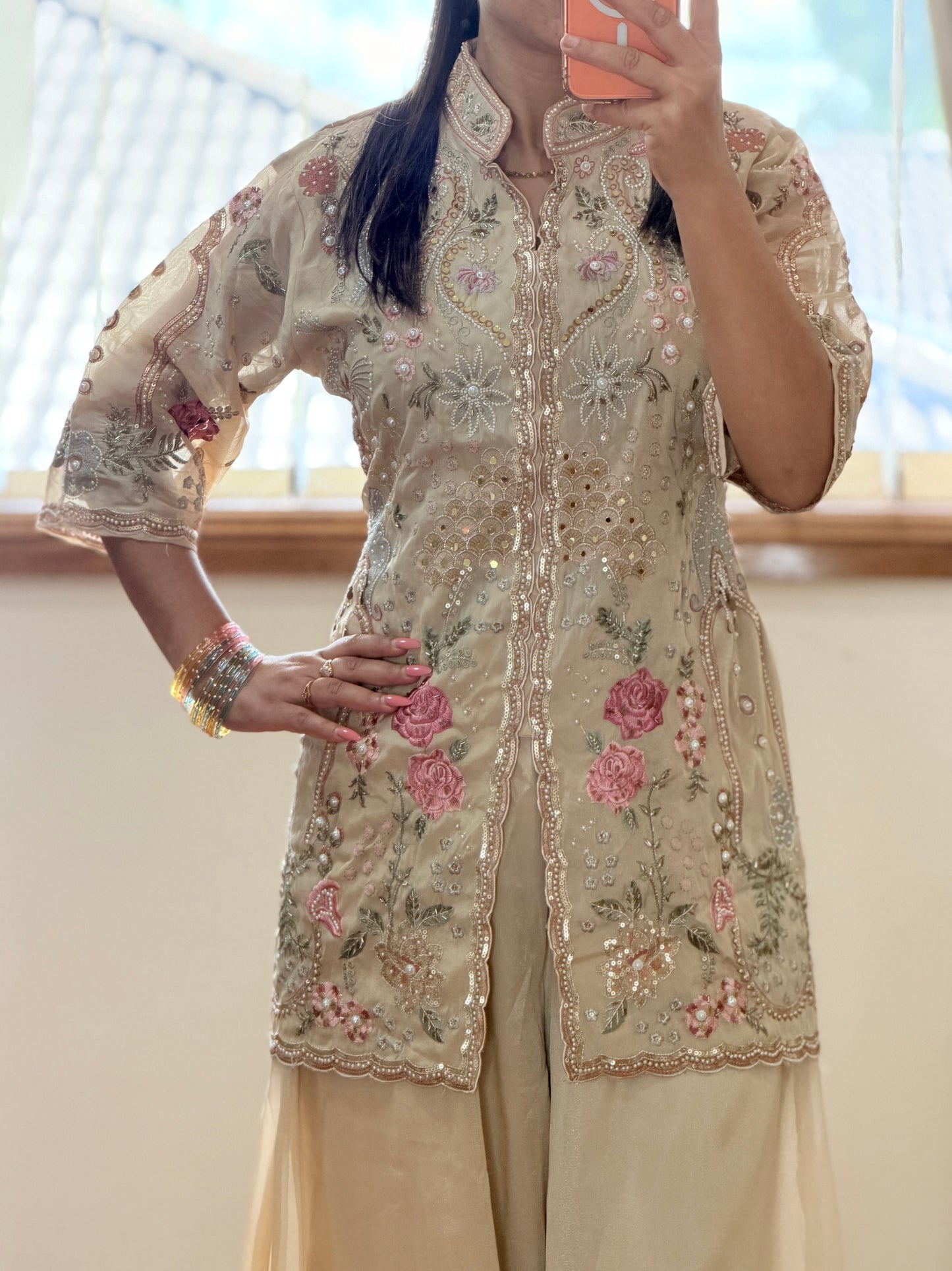 Premium Shimmar Silk Pakistani Style Palazzo Set ( Ready size 42 margin upto 44)