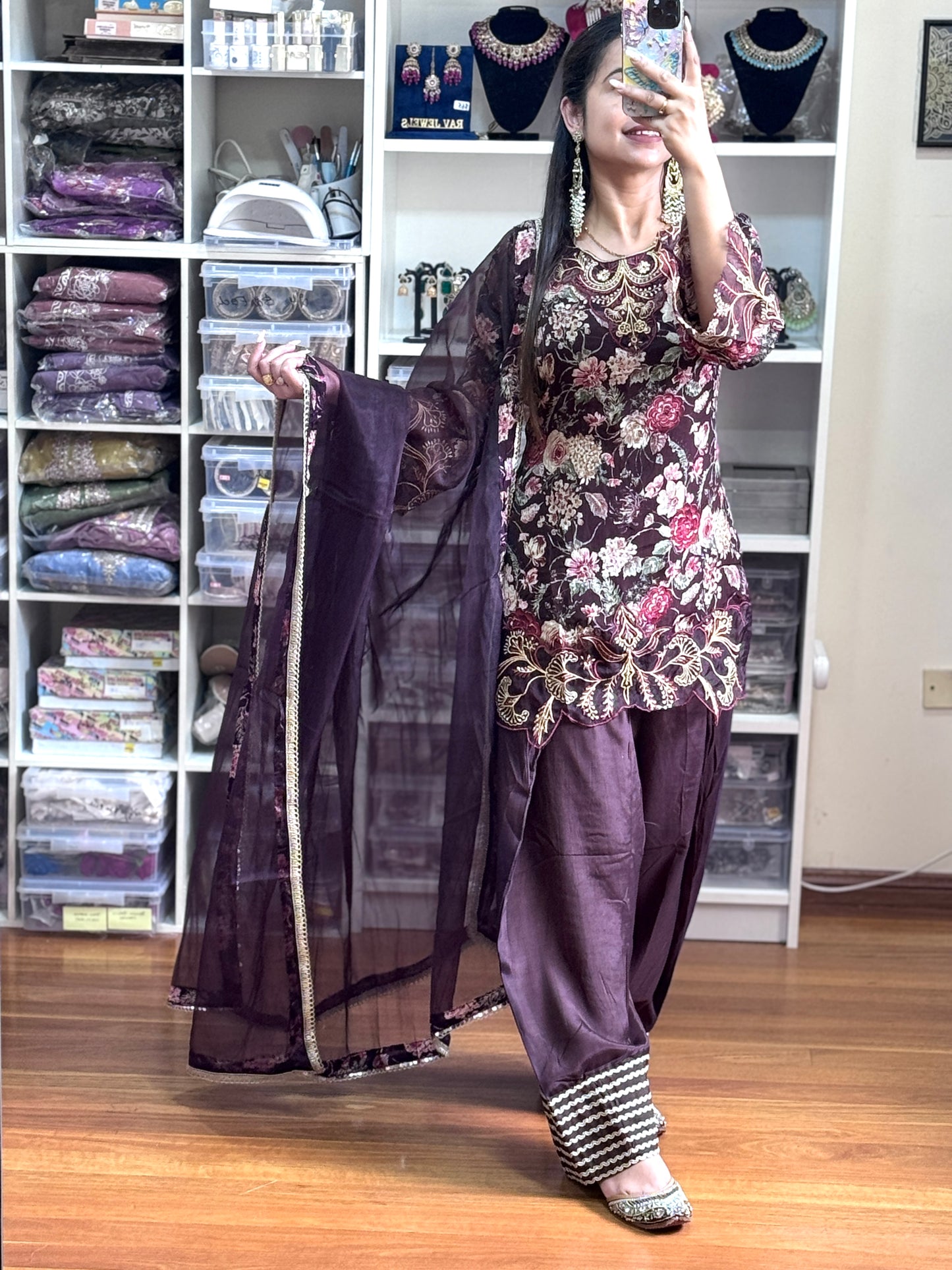 Pure Chinon with heavy patch work farshi salwar suit