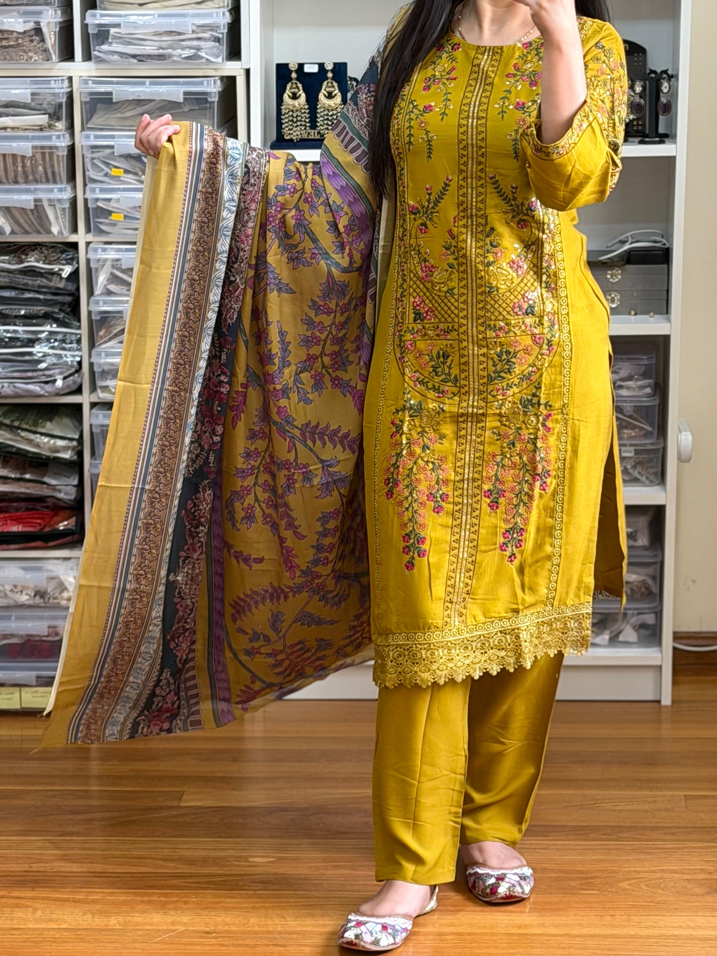 Premium Cotton Suit Set with Front Embroidery & Sleeves Work