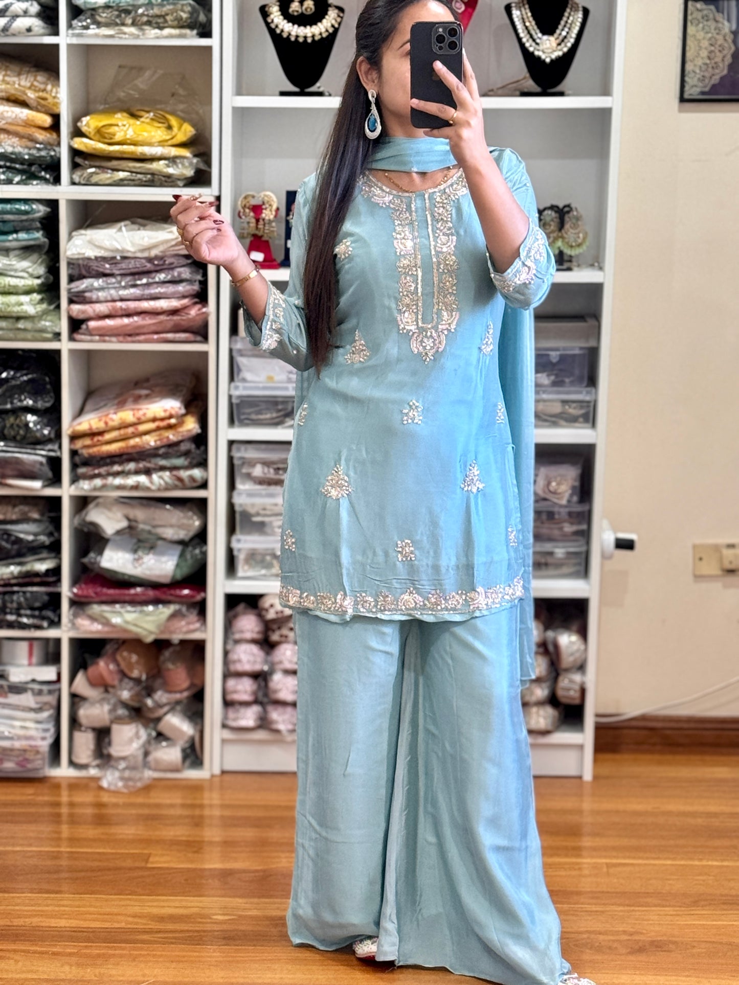 Pure Chinon silk with heavy handwork short kurti dress