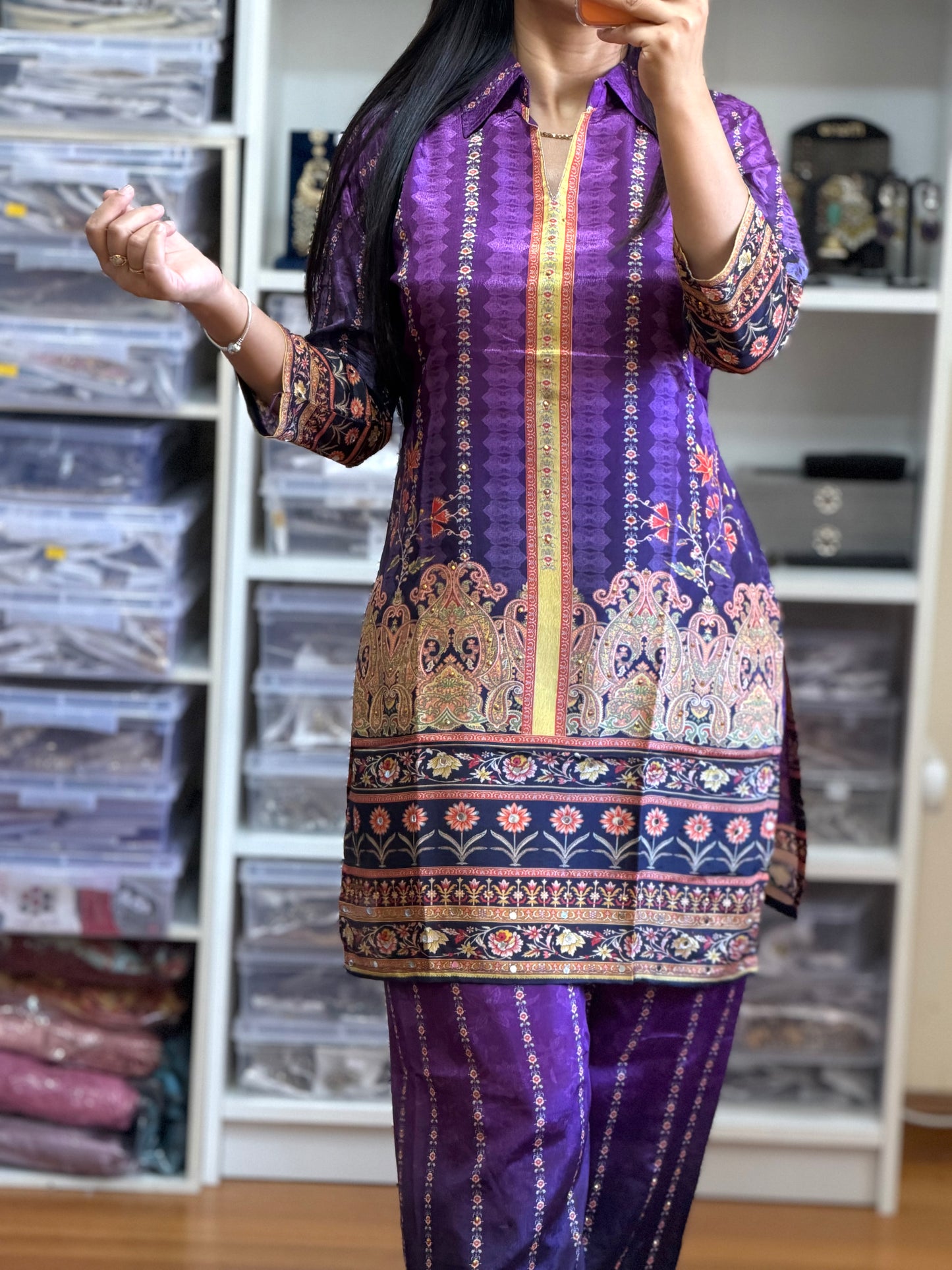 Premium Chinon Mirror Work Cord Set with Digital Print Bottom