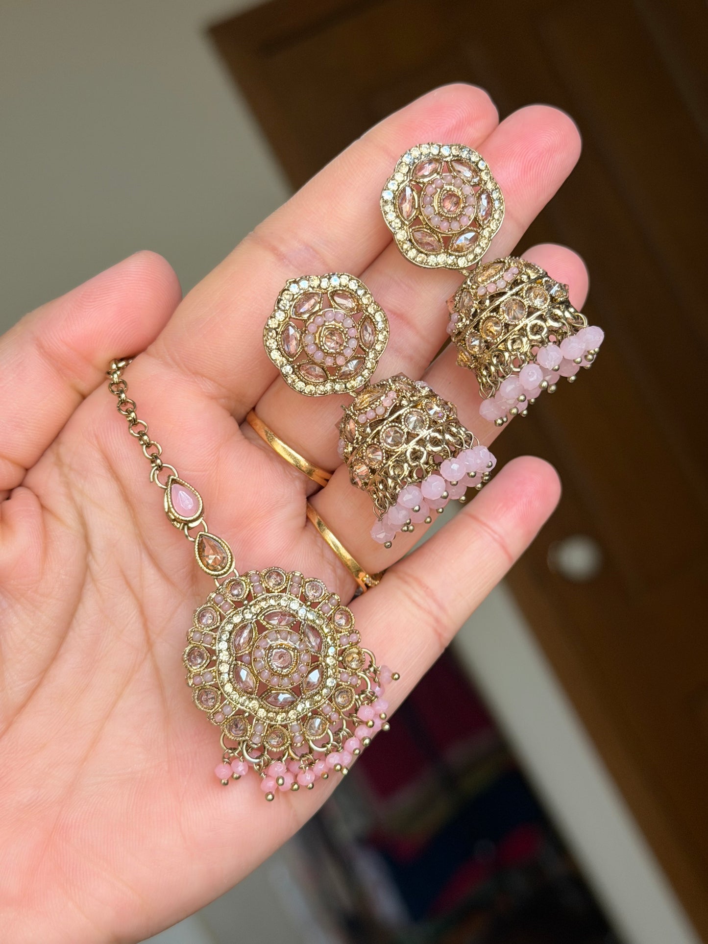 Polki jhumki tikka set (Baby pink)