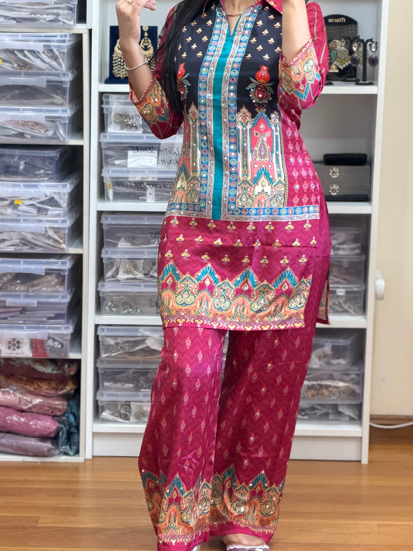 Premium Chinon Mirror Work Cord Set with Digital Print Bottom