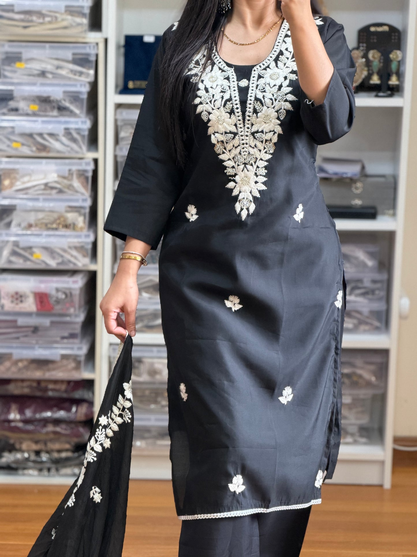 Elegant Black Roman Silk Suit with Heavy Embroidery