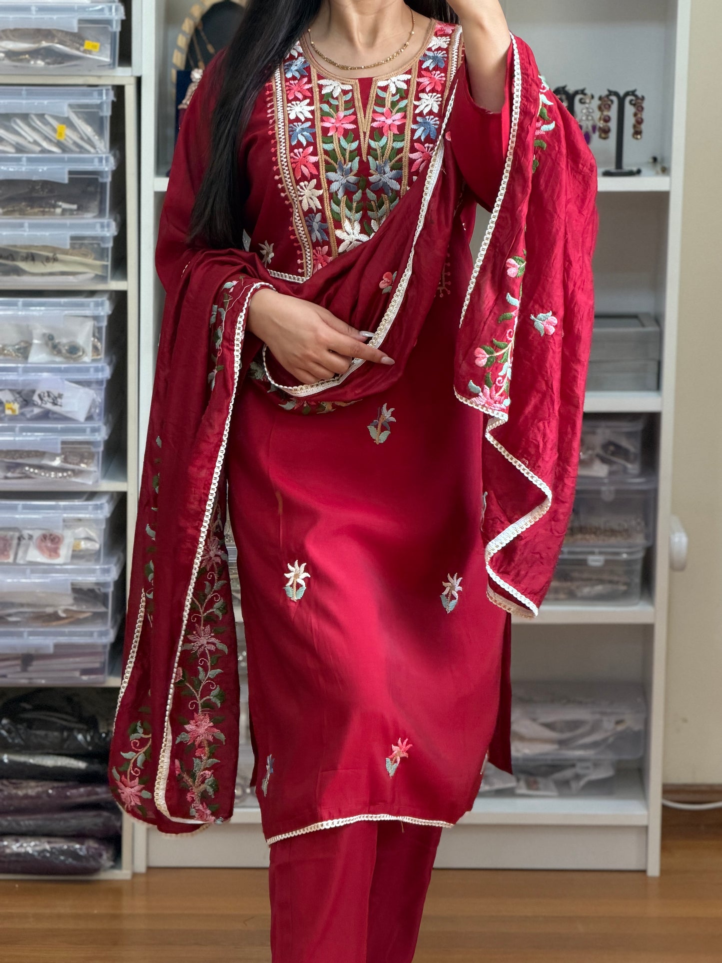 Maroon Roman Silk Embroidered Suit