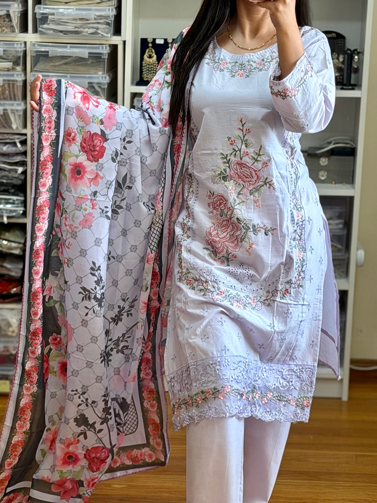 Cotton Suit with Front Embroidery & Sleeves Work(light lavender colour)