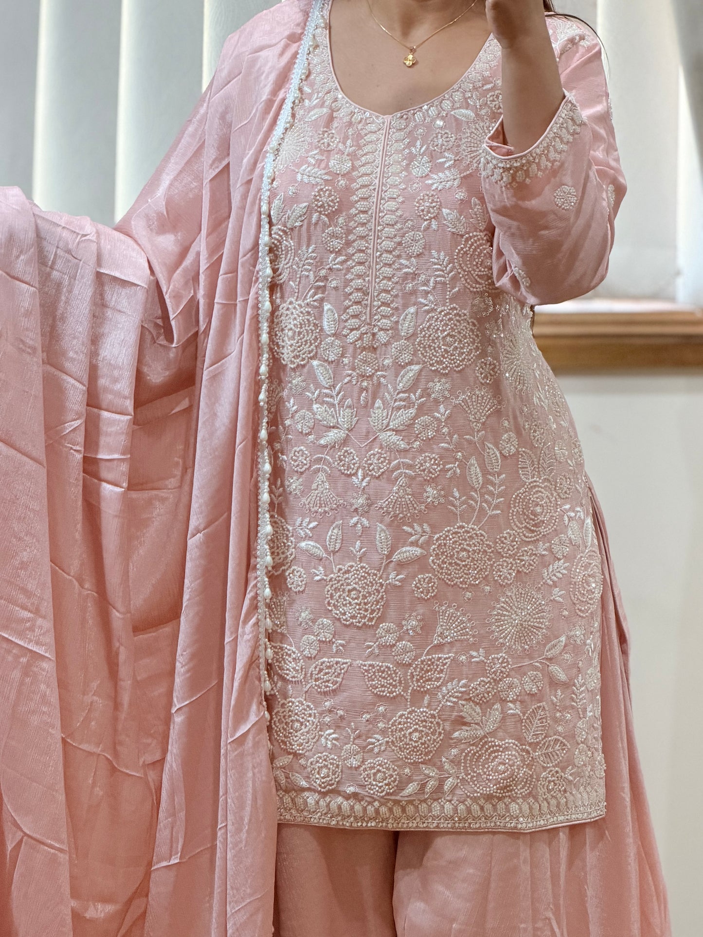 Premium Pure Chinon Heavy Beads Work Sharara Suit(Pastel Pink / Blush Pink)