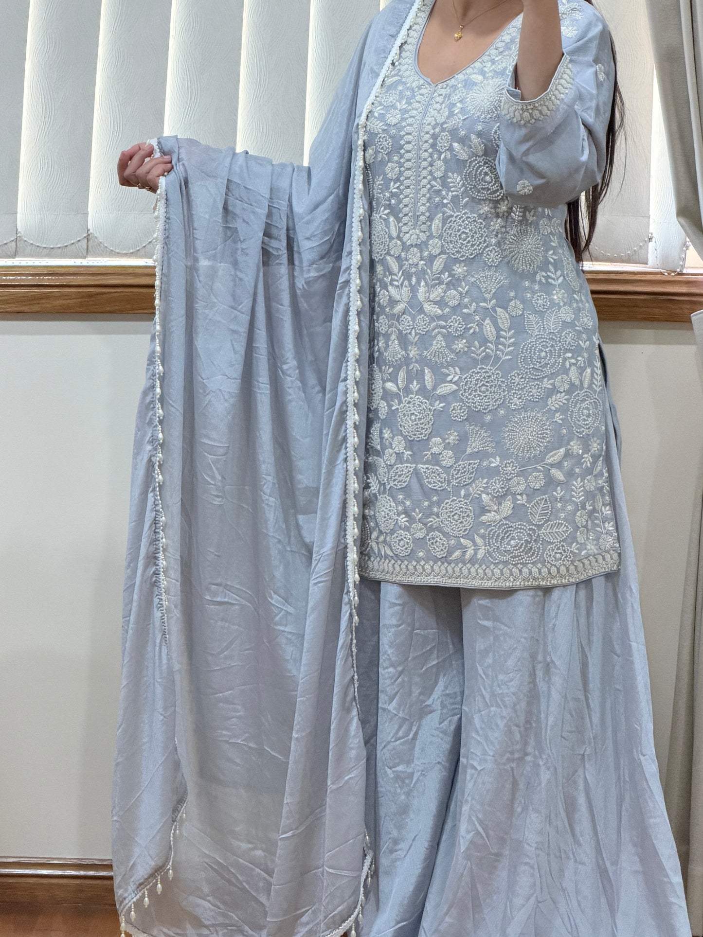 Premium Pure Chinon Heavy Beads Work Sharara Suit(Powder Blue / Ice Blue )