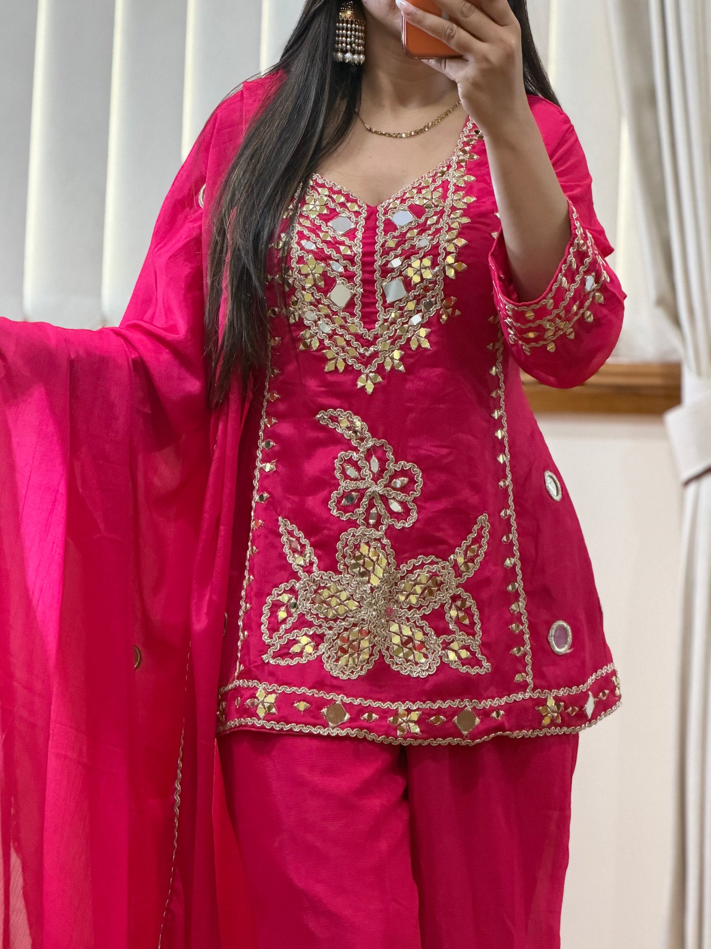 Premium Simar Silk Hand Mirror Work Gharara Set (Ready Size: 39 with margin upto 42)