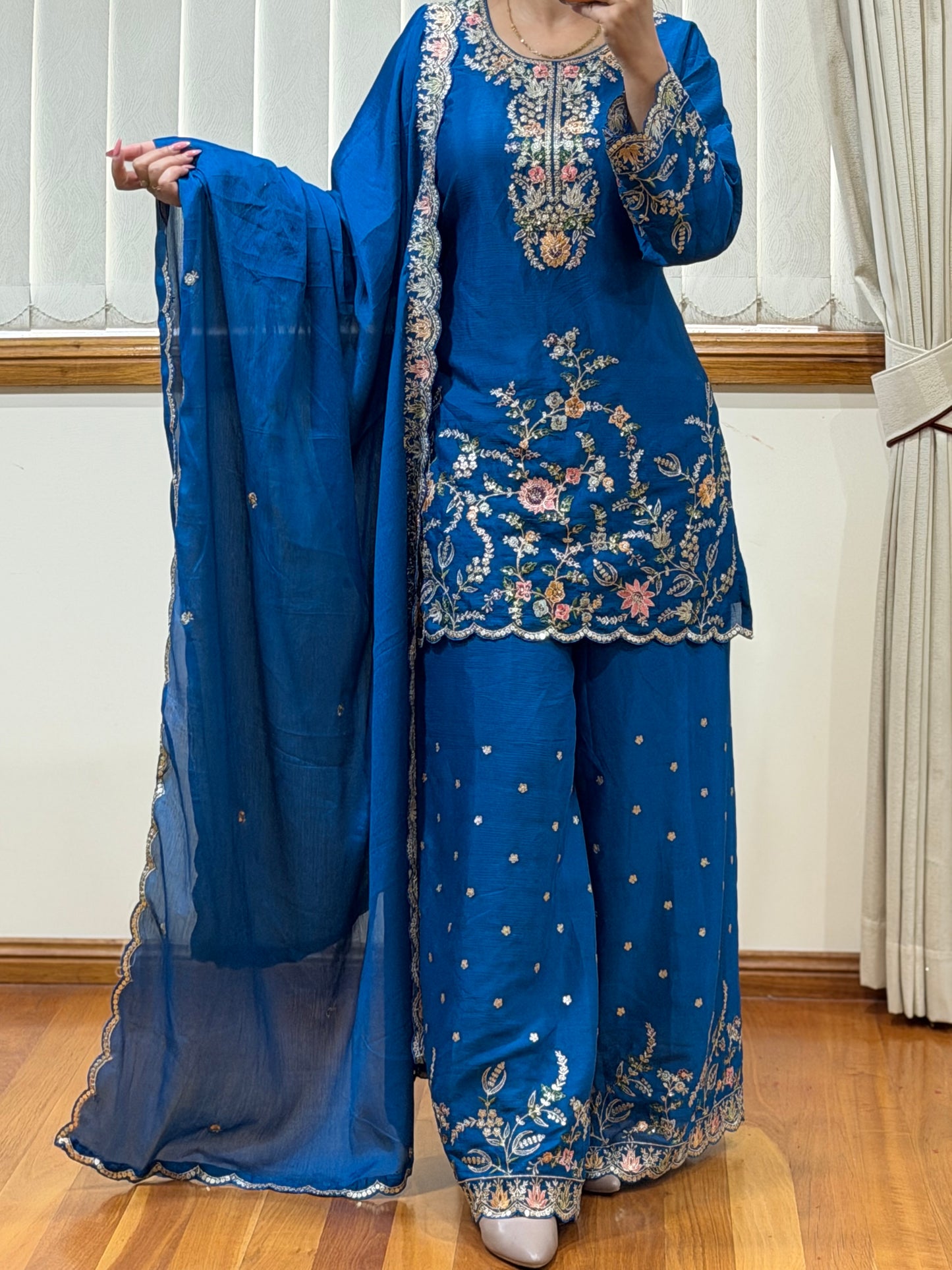 Premium Blooming Chinon Embroidered Plazo Suit Set