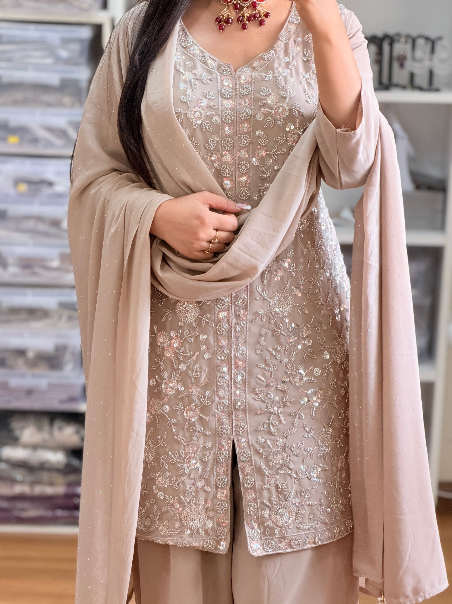 Georgette Heavy Embroidery Sharara Suit(Soft Champagne Beige)