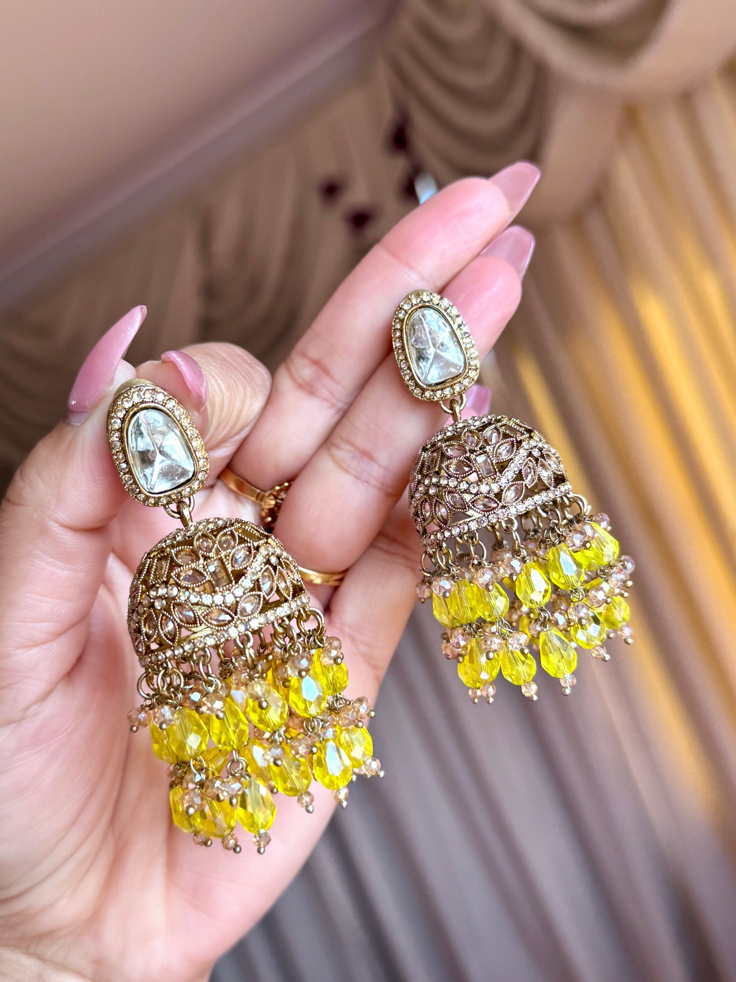 Polki jhumki with Crystal beads(Yellow)