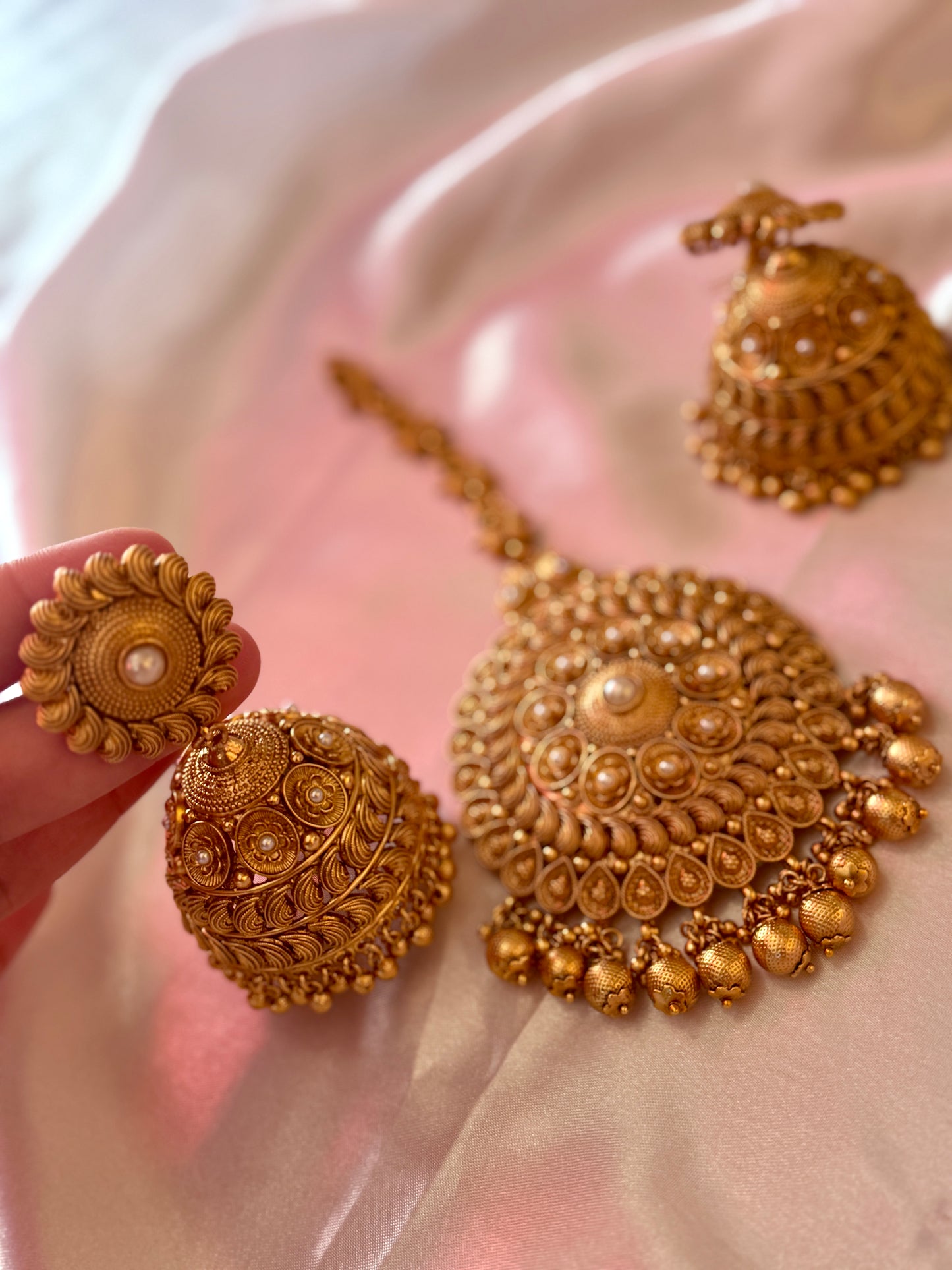 Gold plated jhumki tikka set( without sehare)