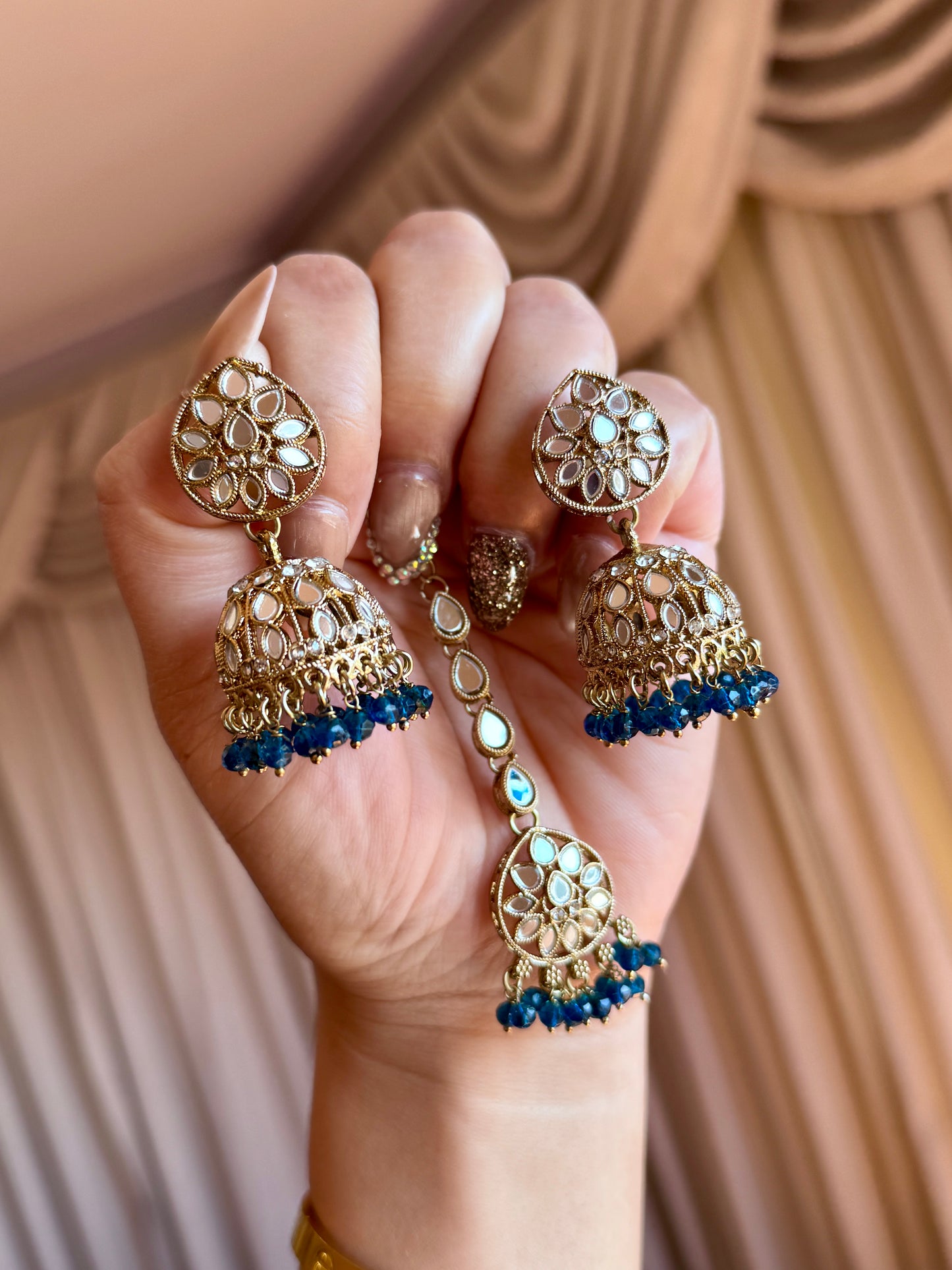 Mirror necklace set peacock blue