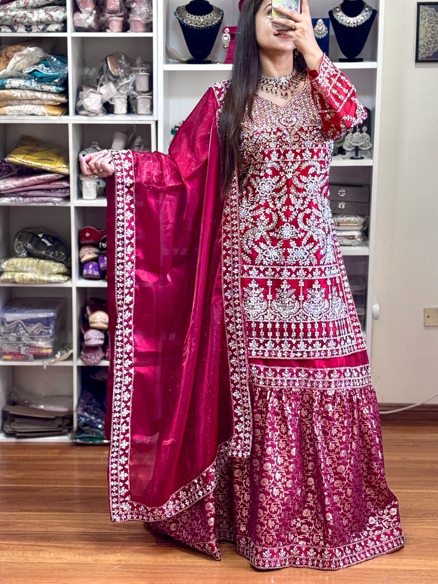 Women's Red Jimmy Choo Fabric Embroidery Lehenga Choli Set