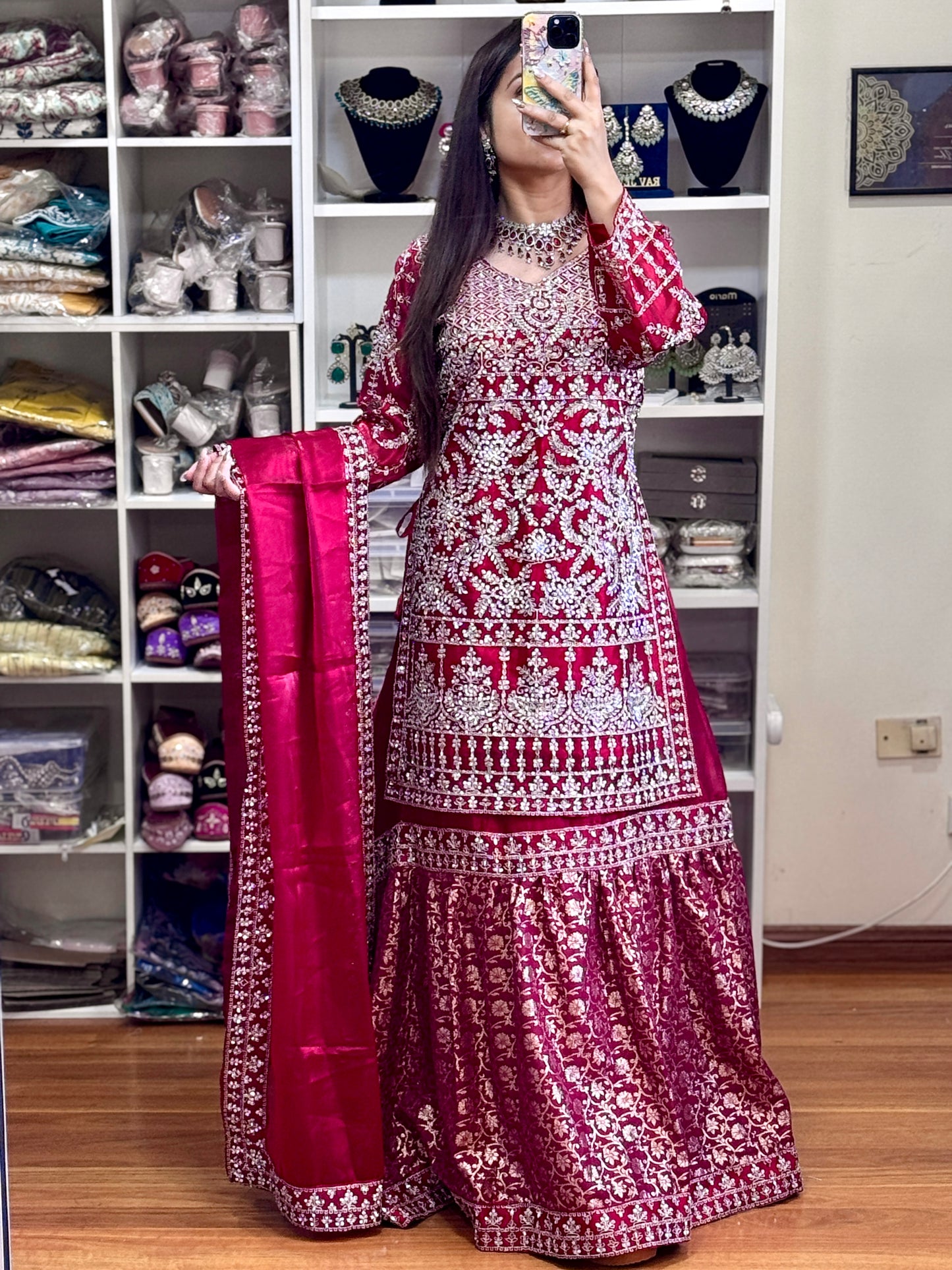 Women's Red Jimmy Choo Fabric Embroidery Lehenga Choli Set