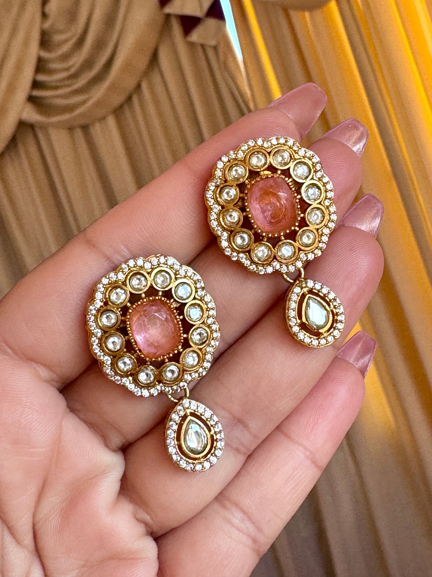 Premium moissanite necklace set(Peach colour)