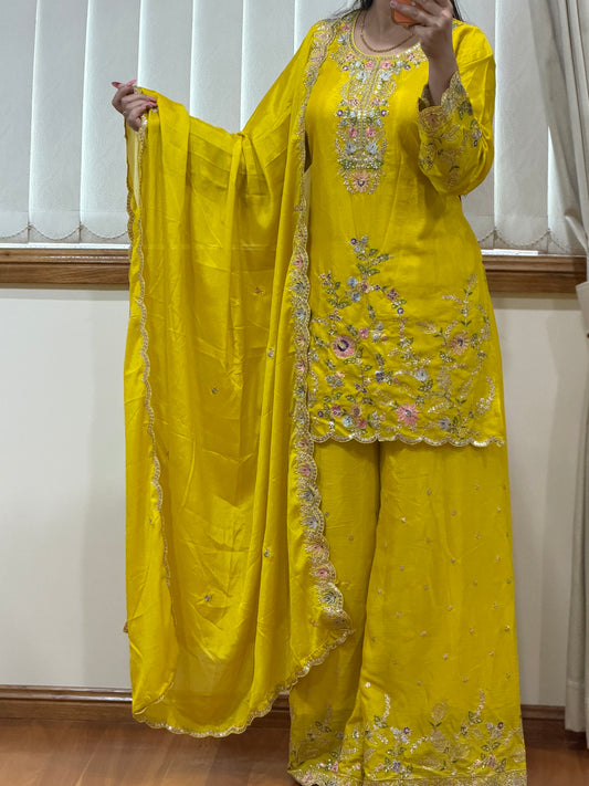 Premium Blooming Chinon Embroidered Plazo Suit Set