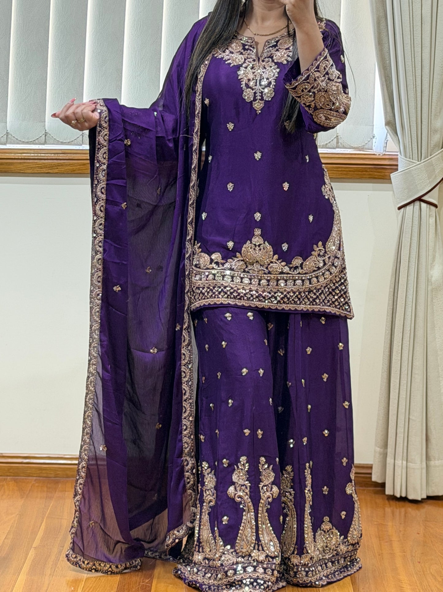 Premium Chinon Silk Sharara Set (Ready size 42 with margin upto 46)