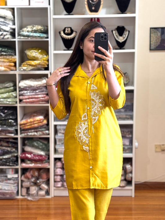 Yellow cord set( Roman silk fabric)