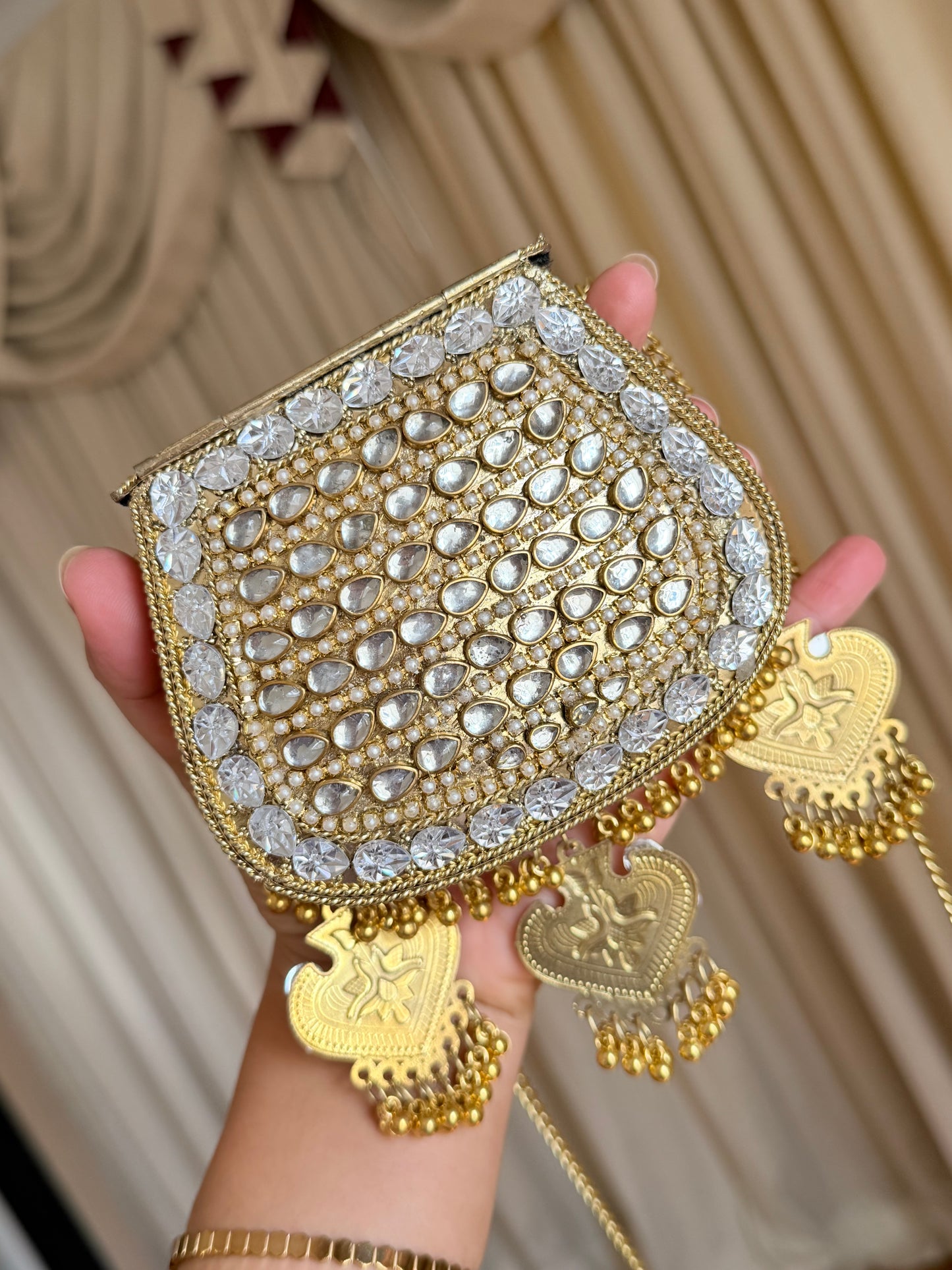 Small kundan brass clutch with sling