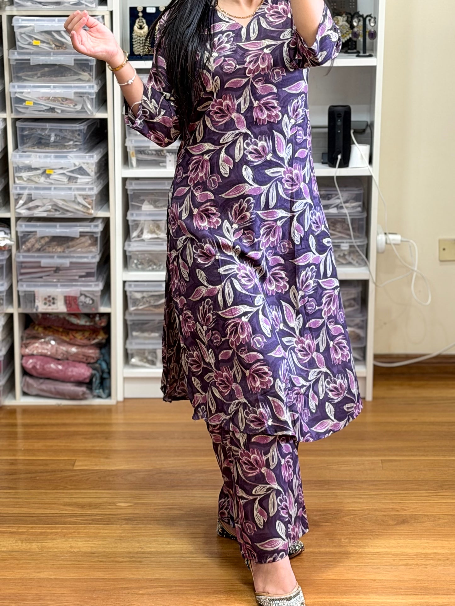 Elegant plum purple cotton cord set with beautiful floral print