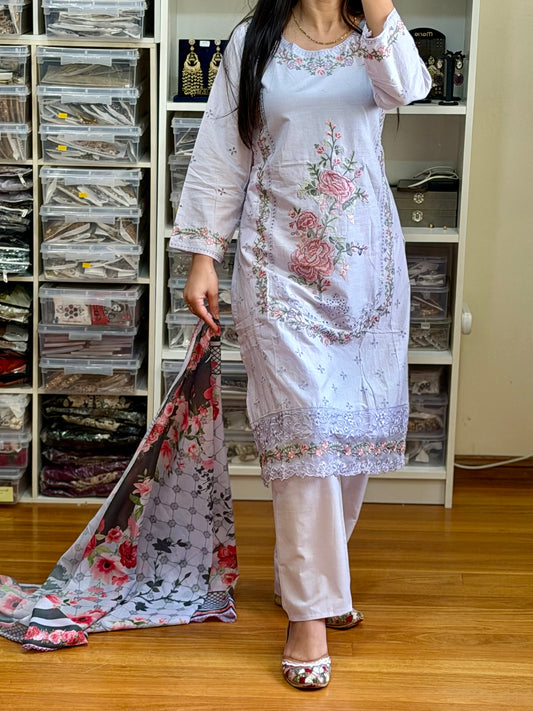 Cotton Suit with Front Embroidery & Sleeves Work(light lavender colour)